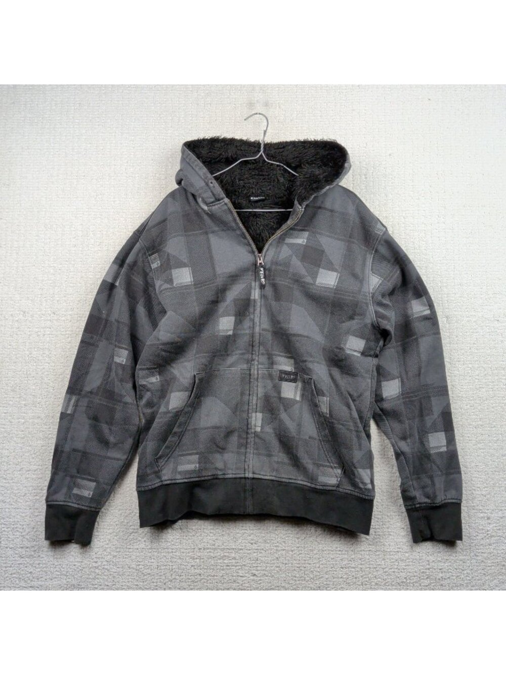 Y2K Volcom Faux Fur Sherpa Hoodie Plaid Grunge Alt Goth Skater 2000's Men Sz L